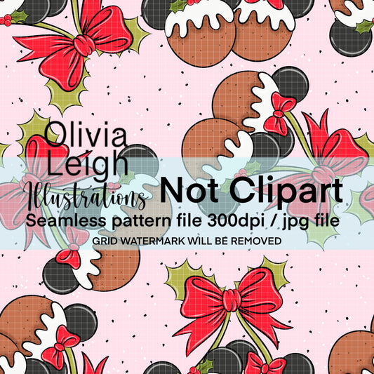 Mouse Christmas Puddings Cherries Seamless Pattern