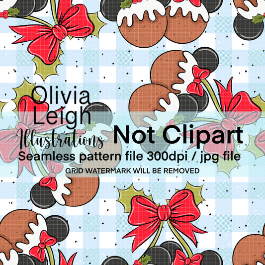 Mouse Christmas Puddings Cherries Seamless Pattern