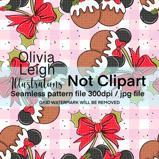 Mouse Christmas Puddings Cherries Seamless Pattern
