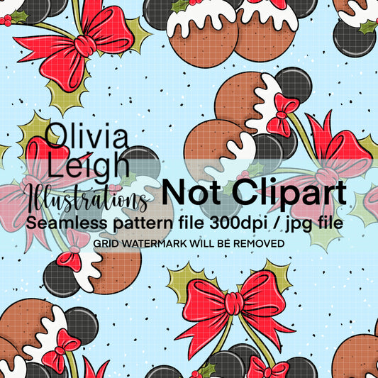 Mouse Christmas Puddings Cherries Seamless Pattern