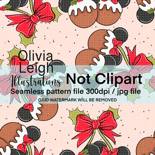 Mouse Christmas Puddings Cherries Seamless Pattern