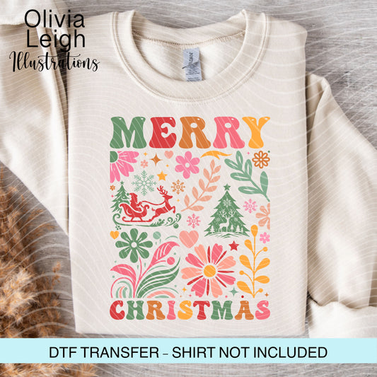 Merry Christmas Floral Ready to Press Dtf Transfer